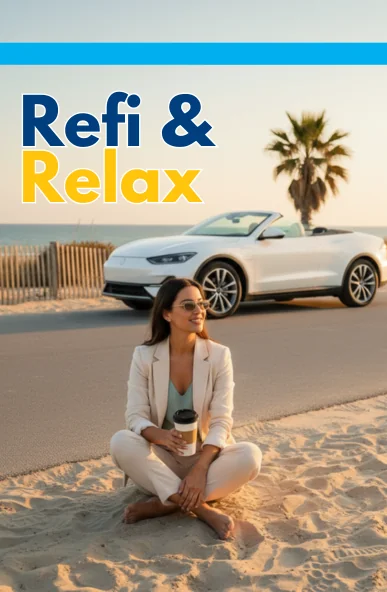 A woman holds a coffee as she leans on her vehicle overlooking the ocean during SUN Credit Union's auto refinance promotion.