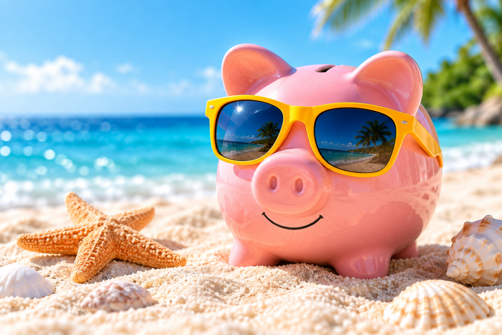 A piggy bank with sunglasses on the beach next to a starfish representing SUN Credit Union's beachy options for CDs.