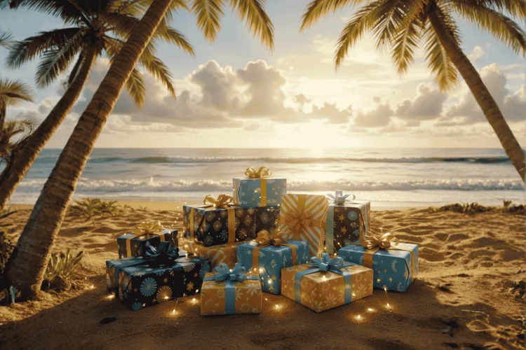 Gifts underneath palm trees with the beach in the background - Holiday Loan from SUN Credit Union