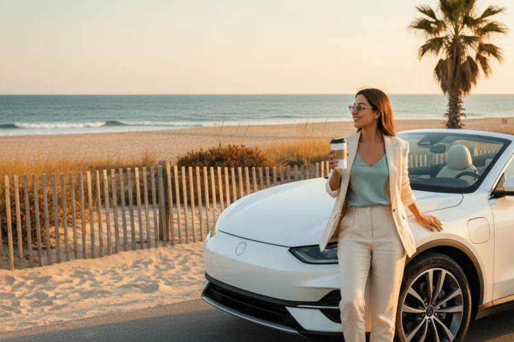 A woman holds a coffee as she leans on her vehicle overlooking the ocean during SUN Credit Union's auto refinance promotion.